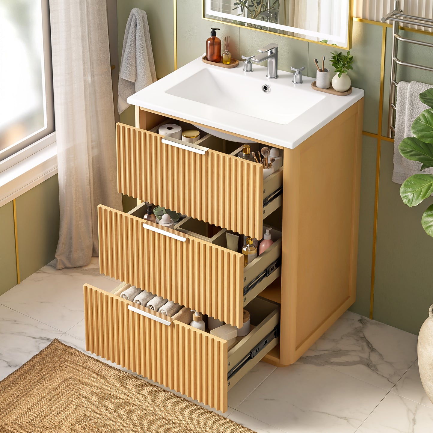 24 Inch Modern Luxury Bathroom Vanity With Ceramic Sink, Bathroom Cabinet With Open Shelf And Closed Storage