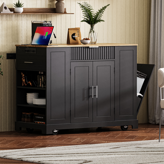K&K Fluted Kitchen Island With Trash Can Storage Cabinet, Power Outlet, Internal Storage Rack, Rolling Kitchen Islands On 5 Wheels With 3 Drawer, 3 Open Side Racks For 10 Gallon Garbage Bin, Black