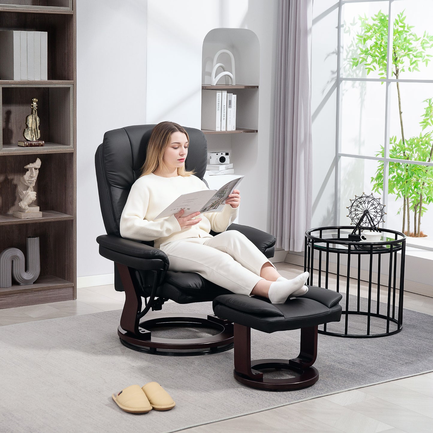 Swivel Recliner With Ottoman, PU Leather Reclining Chair With Footrest, For Living Room, Bedroom, Black