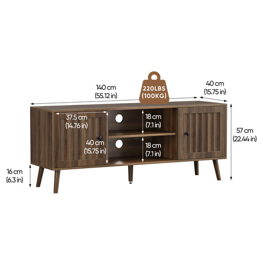 55-inch Wooden TV Cabinet With 2 Vertical Groove Doors, Adjustable Storage Shelves, Living Room Storage Cabinet, Entertainment Center With Storage Space, Walnut Color