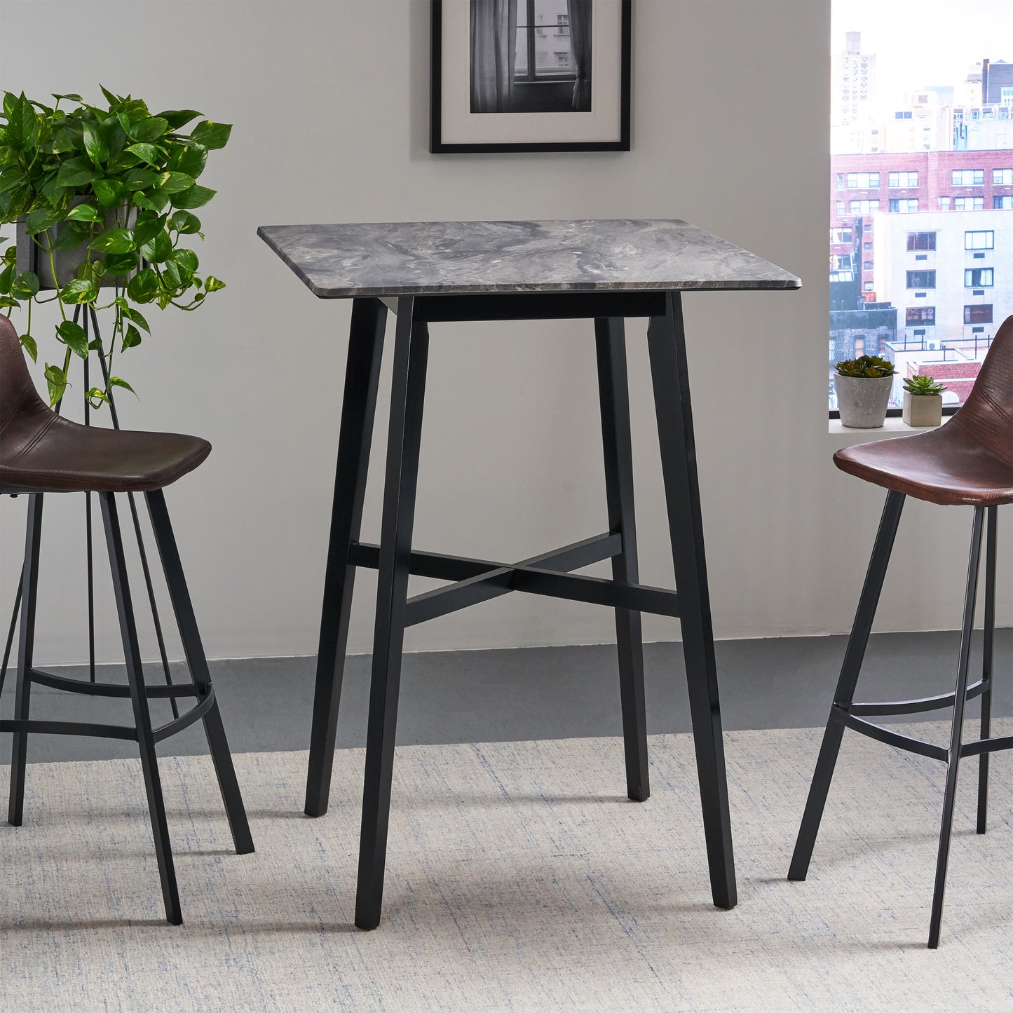 Modern Bar Height 42 Dining Table, Rubberwood Legs And Laminate Table Top, Paladina Marble Finish, Black
