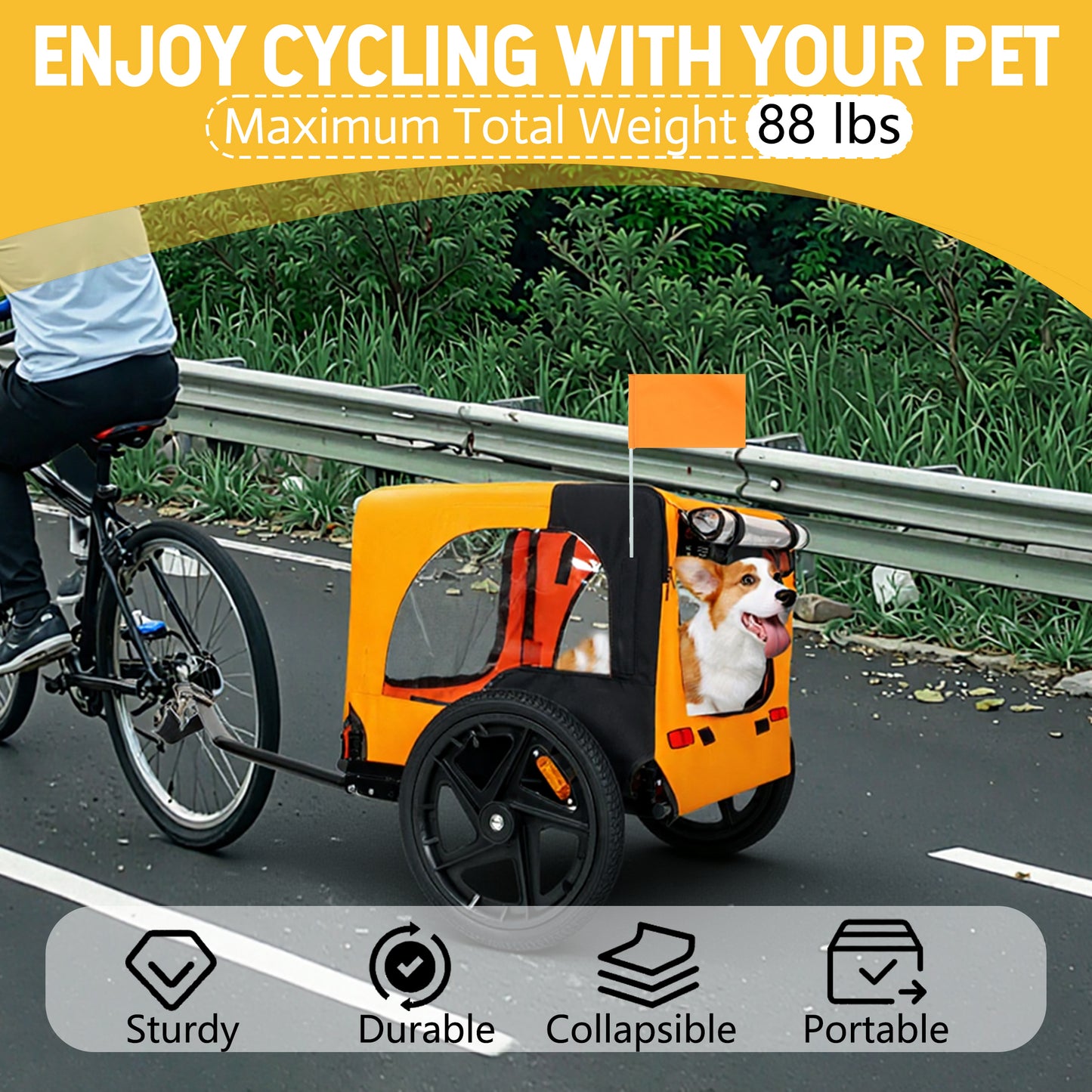 Outdoor Heavy Duty Collapsible Pet Bike Trailer With 16-Inch All-Terrain Wheels & Universal Hitch - Foldable Dog Cargo Carrier Cart For Bicycles, Black Orange