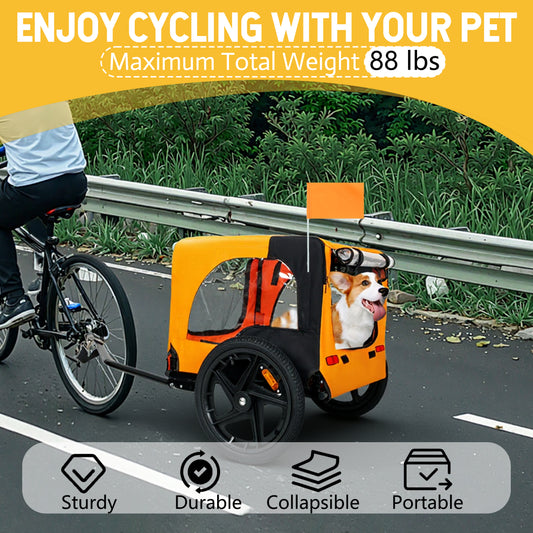 Outdoor Heavy Duty Collapsible Pet Bike Trailer With 16-Inch All-Terrain Wheels & Universal Hitch - Foldable Dog Cargo Carrier Cart For Bicycles, Black Orange