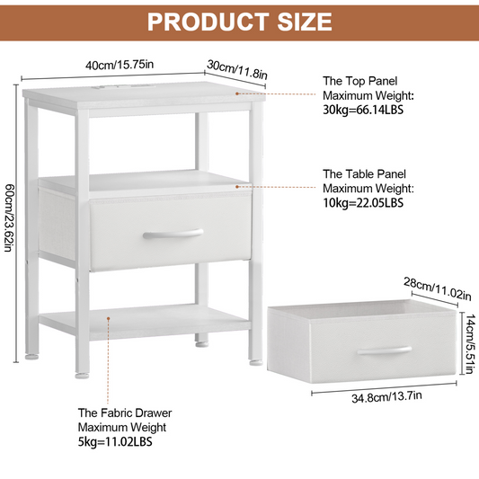 Bedside Table, With Built-in USB-C-type Port Sockets And Adjustable Drawers, 3-layer Storage Rack, And Fabric Drawers