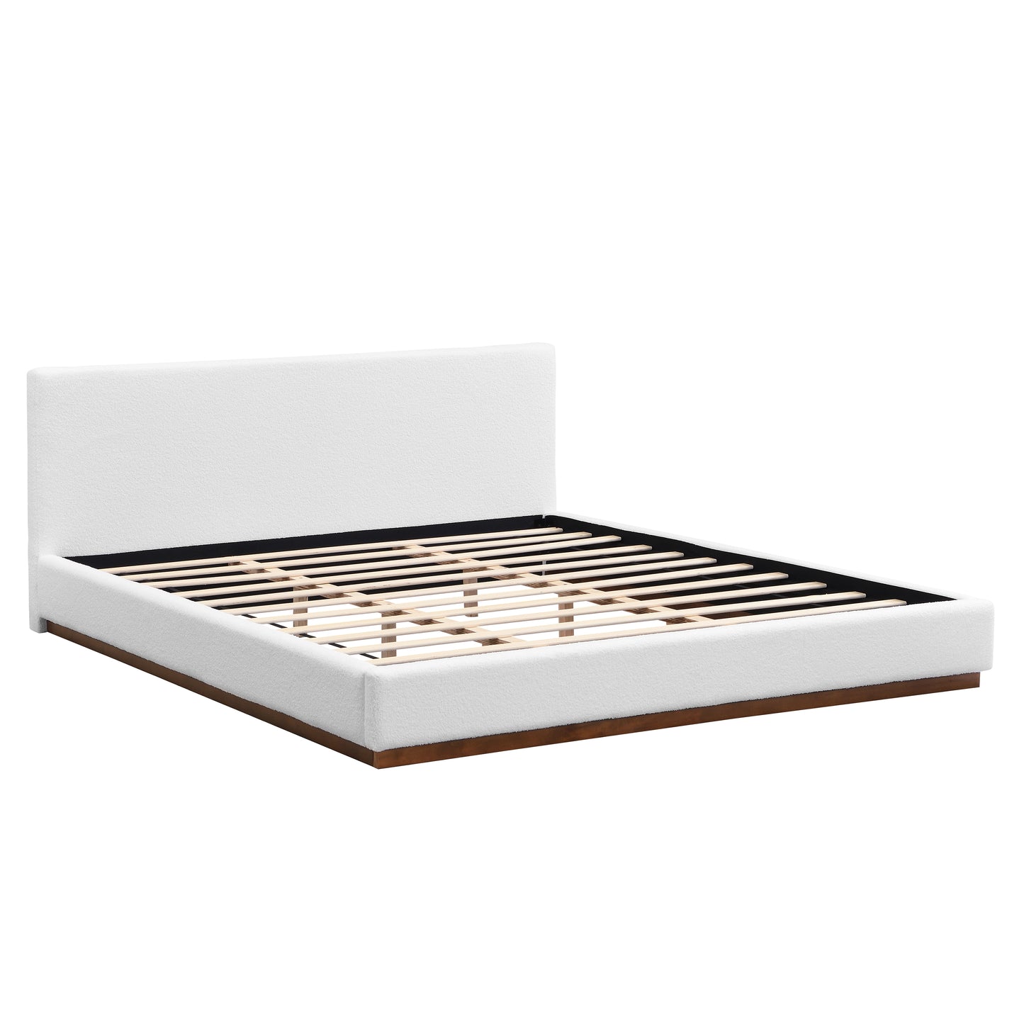 Elegant White Fabric Upholstered Bed With Nice Wood Grain Textured Solid Wood Base Frame,White,King