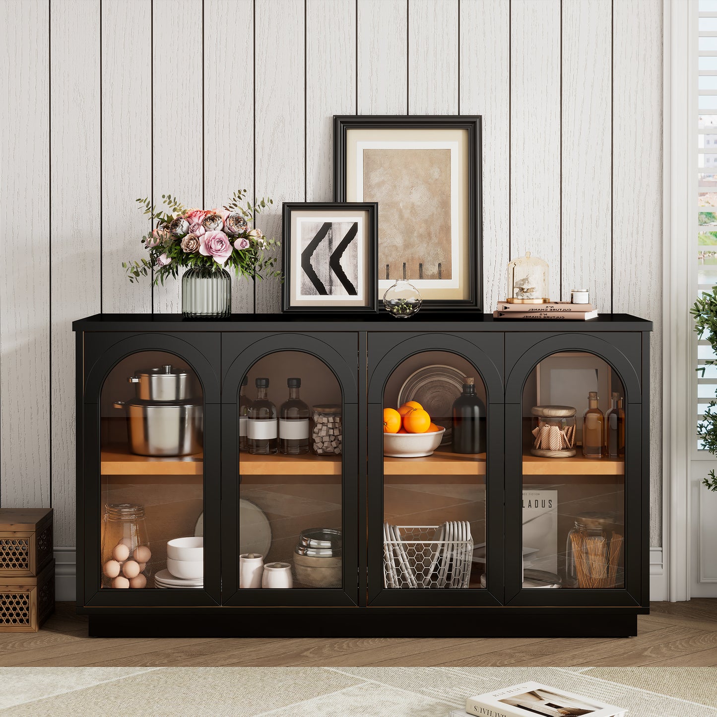 TREXM 4-Door Large Storage Buffet Cabinet With Glass Doors  Arched Cabinet With Adjustable Shelves For Kitchen  Dining Room And Living Room  Black