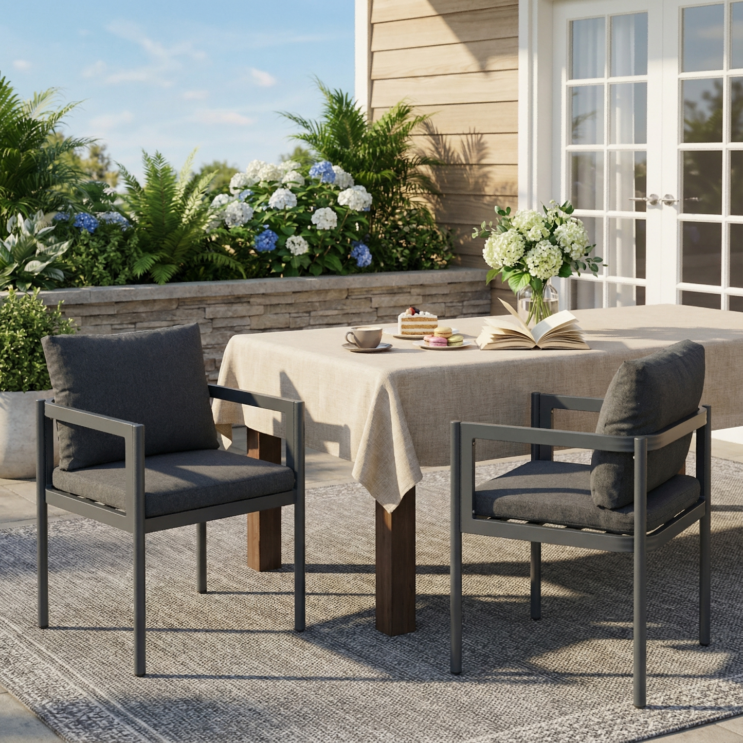 Outdoor Dining Chair Set Of 2, All-Weather Grey Aluminum Frame Patio Chairs With Grey Fabric Cushions, 300lbs