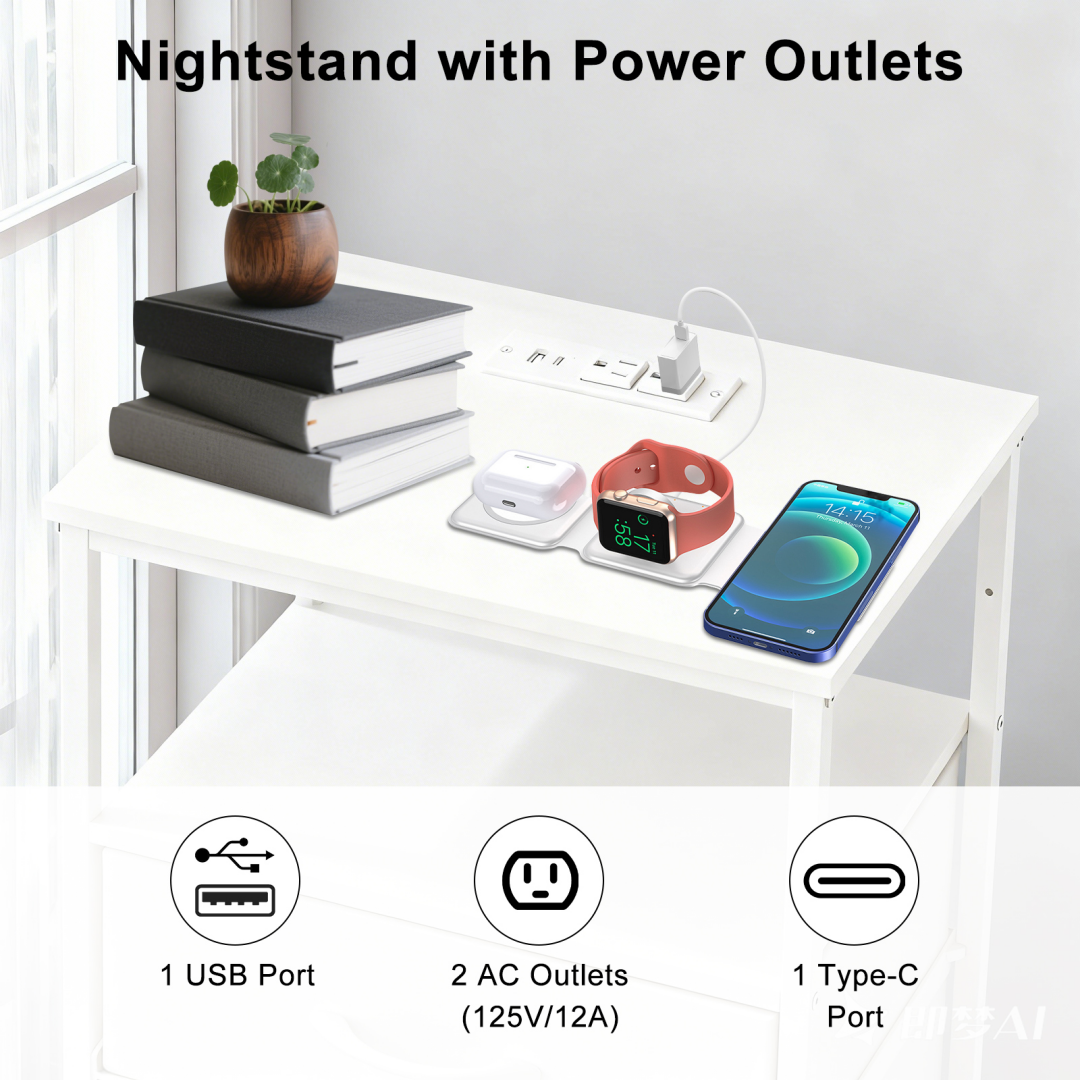 A Small Bedside Table With A Charging Station And Two Fabric Drawers, And A Side Bedside Table