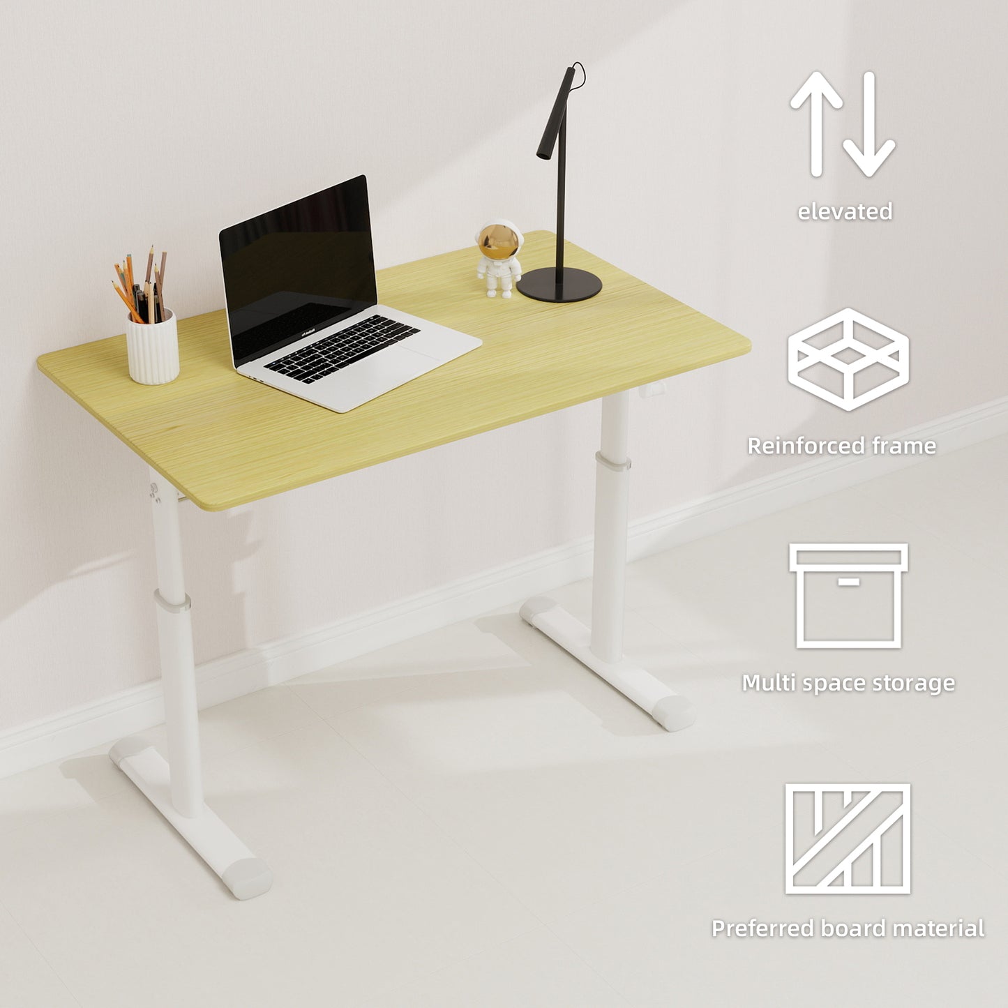 Adjustable Study Desk Suitable For Children And Adults, Height-adjustable, Multifunctional Home Office Desk, Compact Design, Desktop Dimensions 60cm X100cm, White Frame With Natural Wood-colored Tab