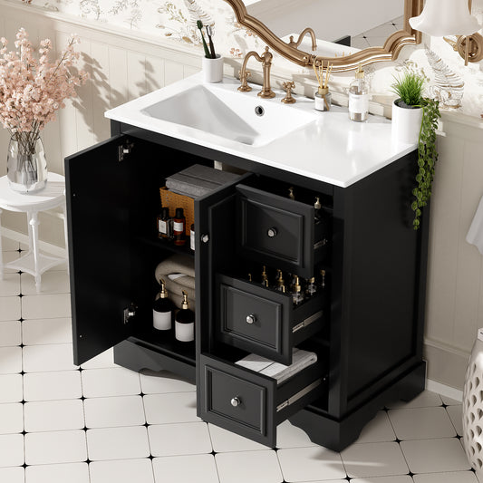 36'' Transitional Bathroom Vanity With Ceramic Sink -Features 2 Soft-close Doors, An Adjustable U-shaped Shelf, 3 Drawers  Including One With Divider , Painted Finish, And Ample Storage Space