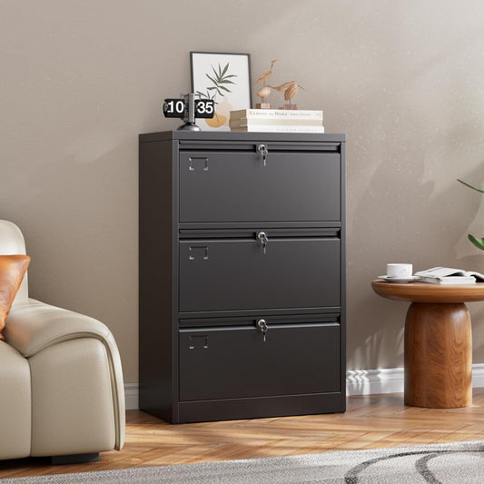 3 Drawer Lateral File Cabinet, Metal Wide Filing Cabinet With Independent Locks, Home Office Furniture For Hanging Files Letter Legal F4 A4 Size, Assembly Required, Black