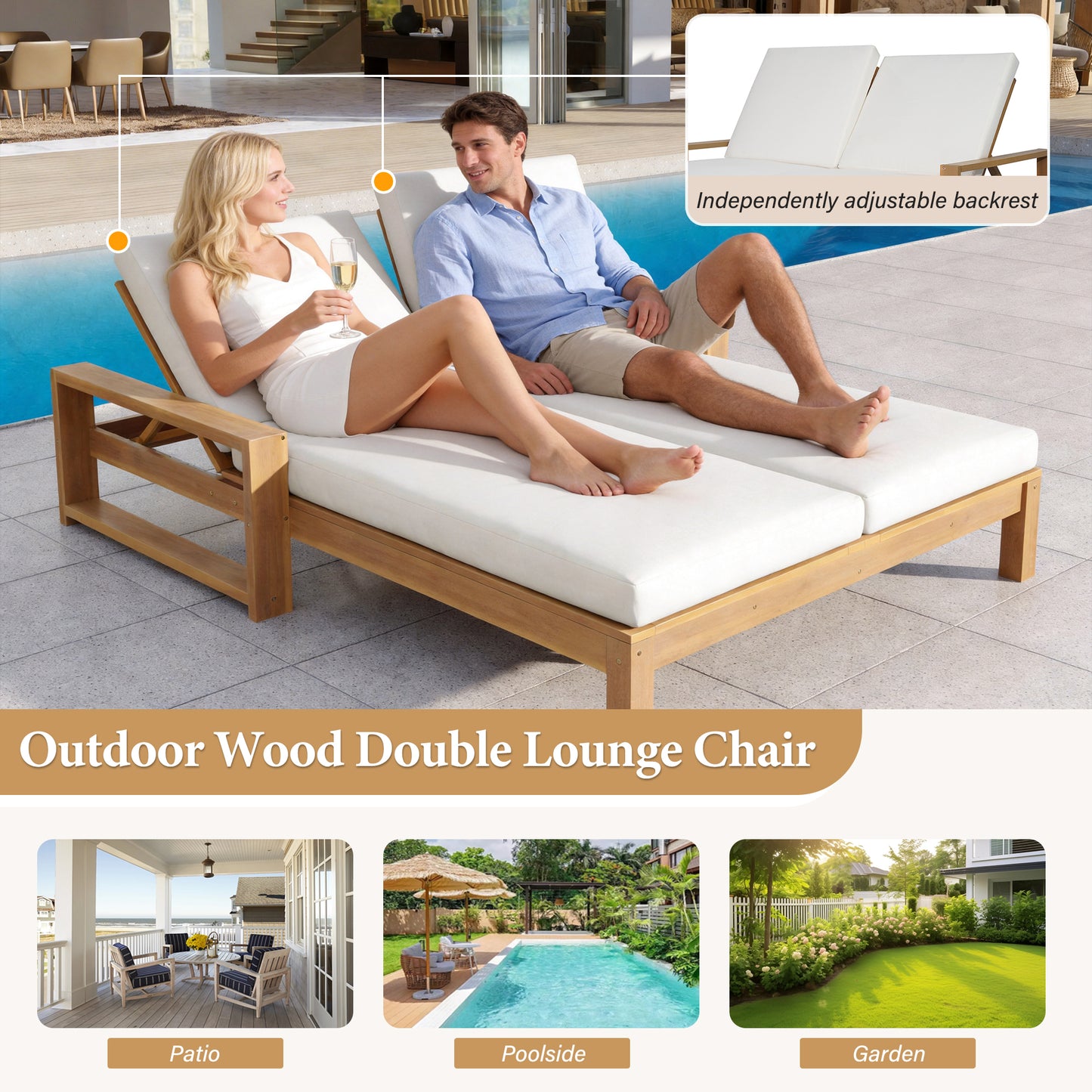 TREXM Outdoor Double Lounge Chair With 5-Position Adjustable Backrest For Each Seat  Wood Patio Chaise Lounge With Removable Cushions For Patio  Poolside  Garden  Light Teak Beige Cushion