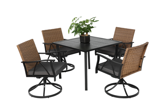 5 Piece Patio Dining Set For 4,Outdoor Wicker Furniture Set For Backyard Garden Deck Poolside With 4 Cushions Swivel Rocker Chairs,steel Table Top, Removable Cushions