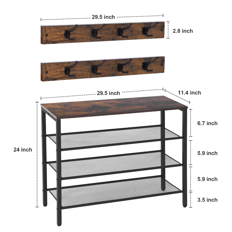 3-tier Shoe Rack With Grid Rack Wooden Rustic Foyer Shoe Rack With Coat Hook, Suitable For The Steel Frame Of The Living Room Mud Room At The Front Door Of The Corridor
