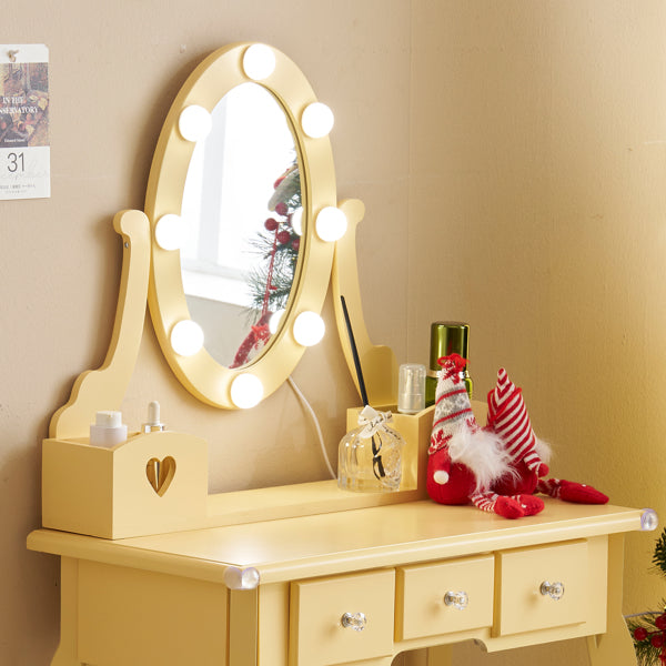 Kids Vanity Set With Mirror And Lights And Stool, 5 Storage Drawers, Pretend Play Princess Makeup Desk Dressing Table And Stool Set For Little Girls Age 3-, Macaroon Orange