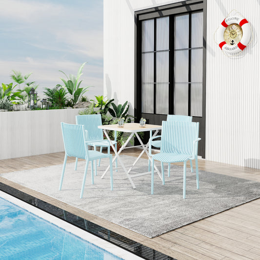 Holiday- 4pcs Light Blue Stackable PP Armchair For Indoor Outdoor Use-Ergonomic Slatted Back With Modern Folding Indoor Outdoor Multi-functional Square Table- PP Tabletop With Metal Legs White, Khaki