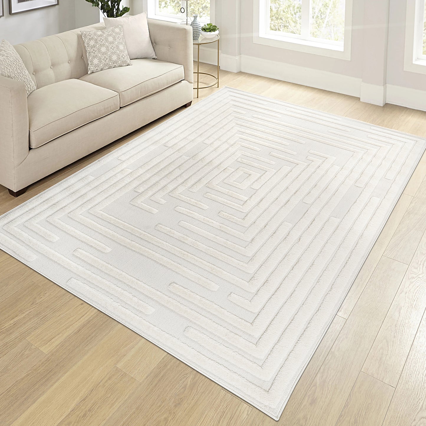 Step Collection High-Low Striped Cream Indoor Area Rug, 7'9''x10', Modern, Contemporary, Geometric, Bohemian, Bedroom, Kitchen, Living Room, Non Shedding Carpet