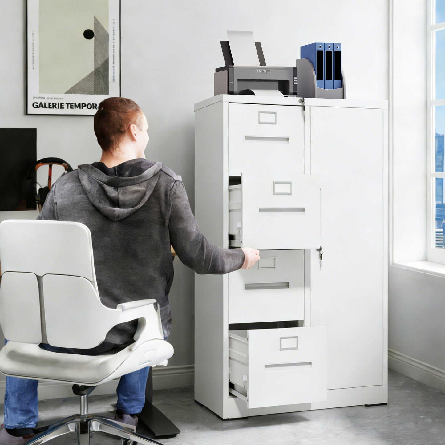 Metal Storage Vertical Filing Cabinet With Lock,  Steel File Locker With 4 Drawers And 1 Door For School, Living Room, Bedroom, Office  White