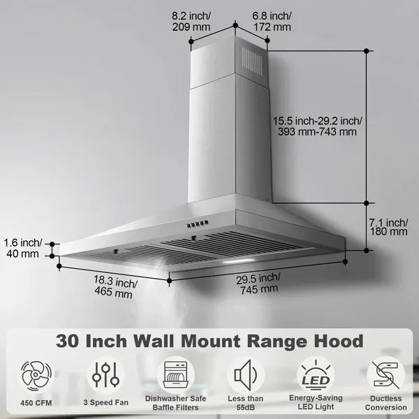 Range Hood 30 Inch, Wall Mount Range Hood Ducted/Ductless, Kitchen Hood In Stainless Steel, Vent Hood With Baffle Filters, 3 Speed Fan, Push Button Control, Energy-Saving LED Light