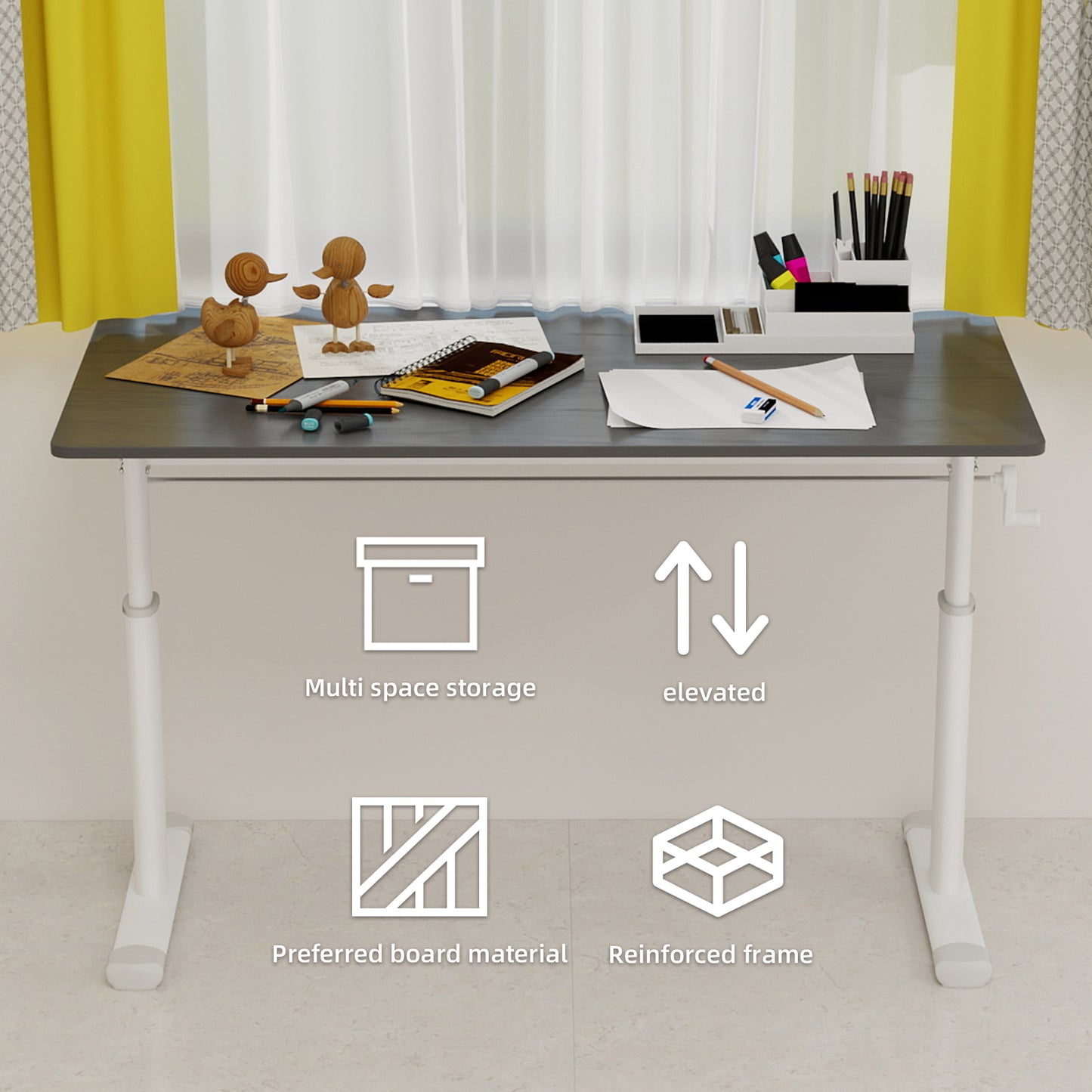 Adjustable Study Desk Suitable For Children And Adults, Height Adjustable, Multifunctional Home Office Desk Compact Design, Desktop Dimensions 60cm X120cm, White Frame, Gray Tabletop.