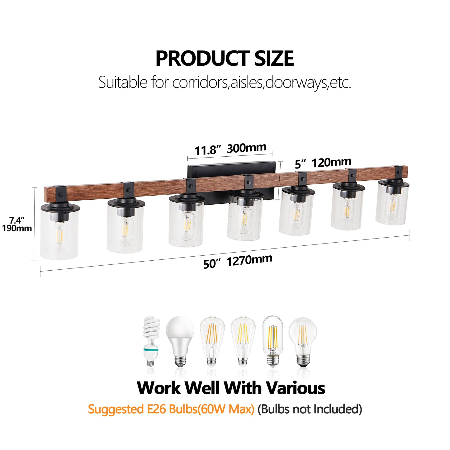 50in Rustic 7-Light Vanity Light, Industrial Bathroom Wall Sconce With Glass Shades And Wood Accent, Modern Farmhouse Lighting Fixture  No Bulbs