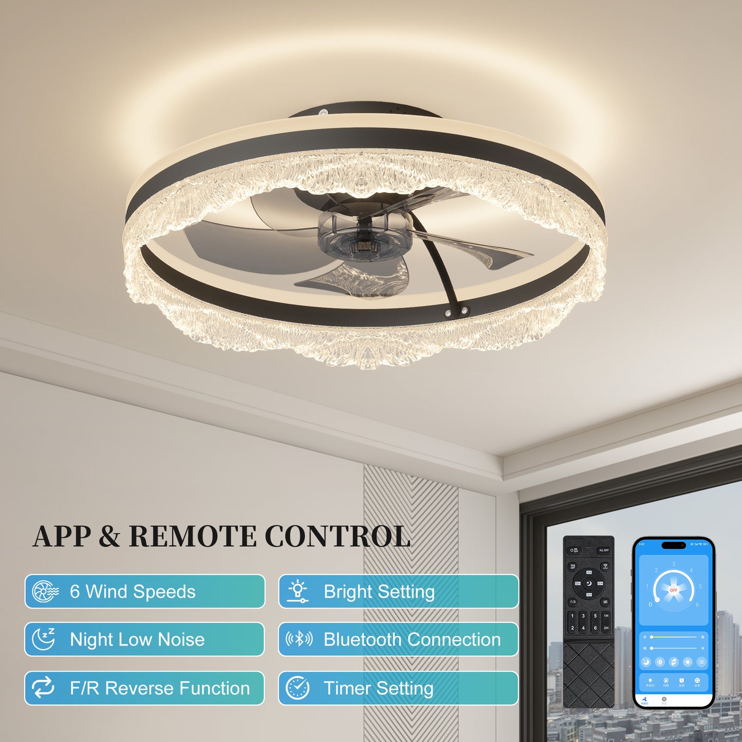 20 Smart Silent Ceiling Fan With Light  Crystal Flush Mount LED Fan Lamp With Hidden Blades And Natural Airflow System, Designed For Bedroom, Kids' Room And Study