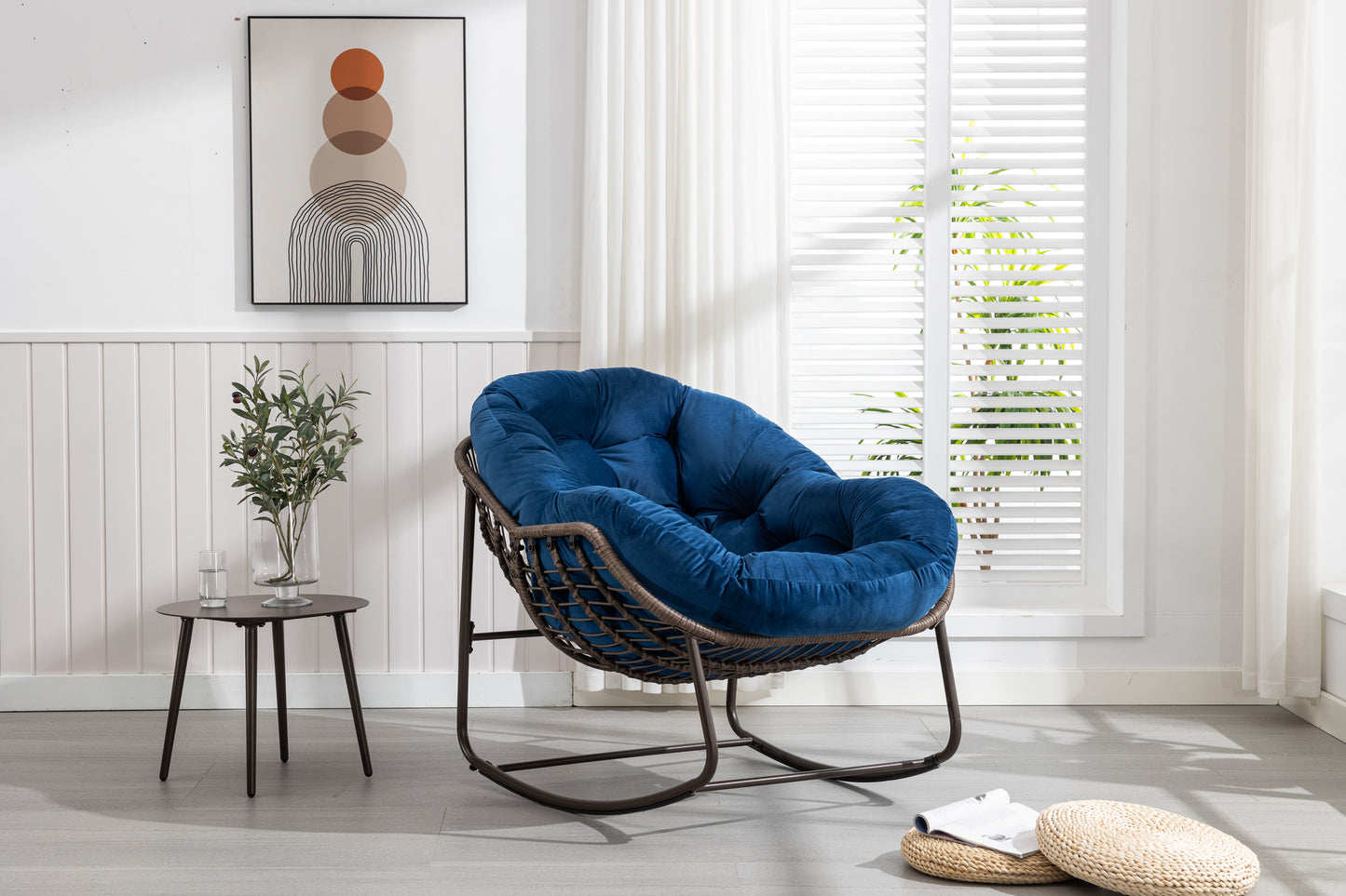 Outdoor Rattan Rocking Chair,Padded Cushion Rocker Recliner Chair Outdoor For Front Porch, Living Room, Patio, Garden, Navy Blue