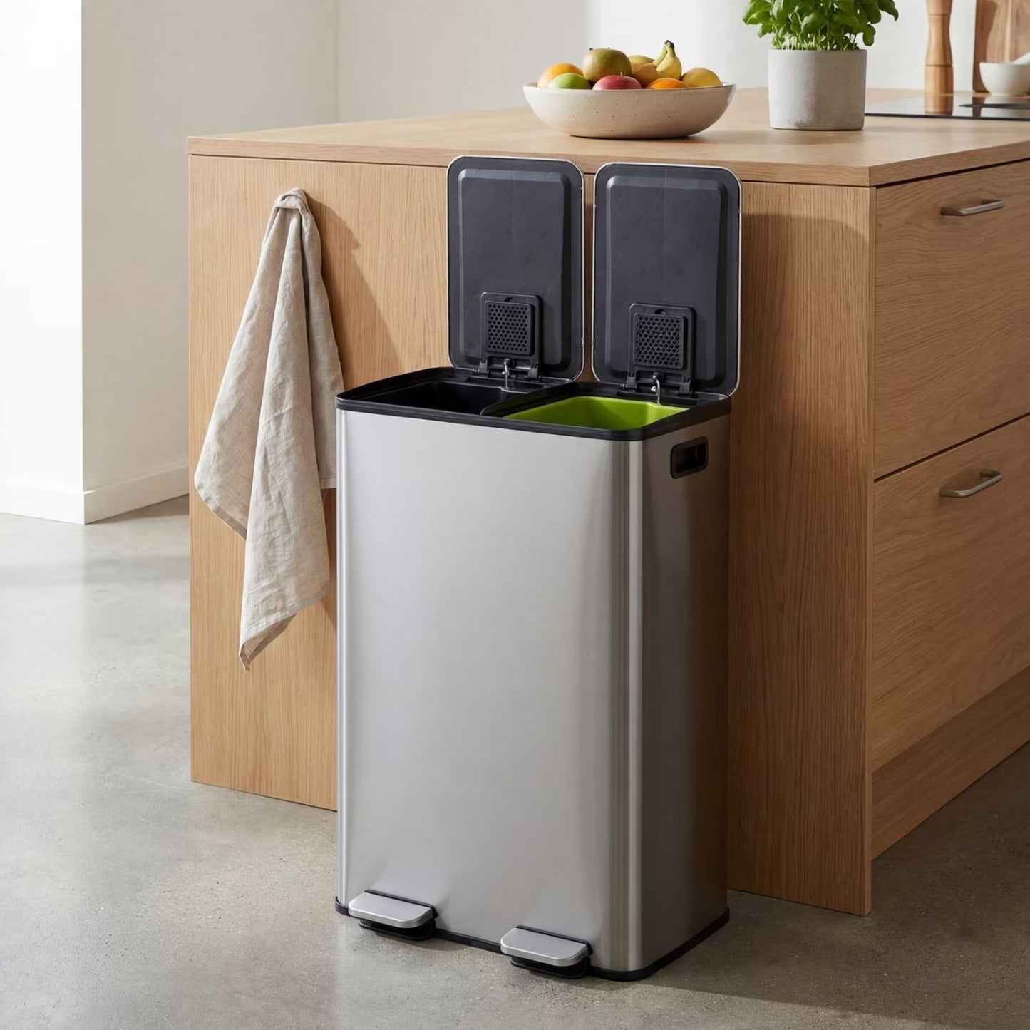 Dual Bin Trash Can, Foot Pedal Kitchen Recycling Bin, Soft-Close Lid And Removable Inner Buckets, Fingerprint-Proof