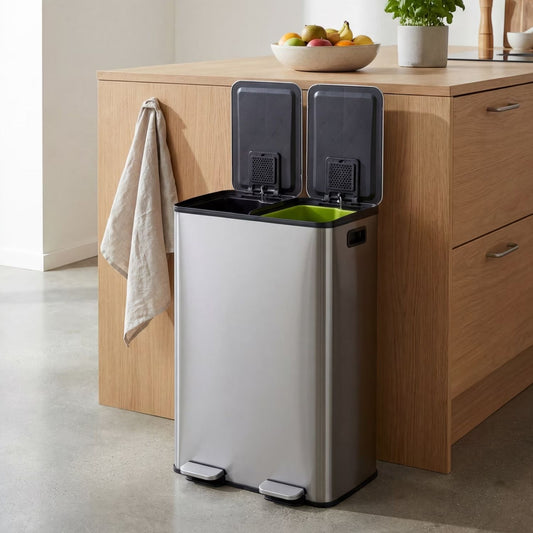 Dual Bin Trash Can, Foot Pedal Kitchen Recycling Bin, Soft-Close Lid And Removable Inner Buckets, Fingerprint-Proof