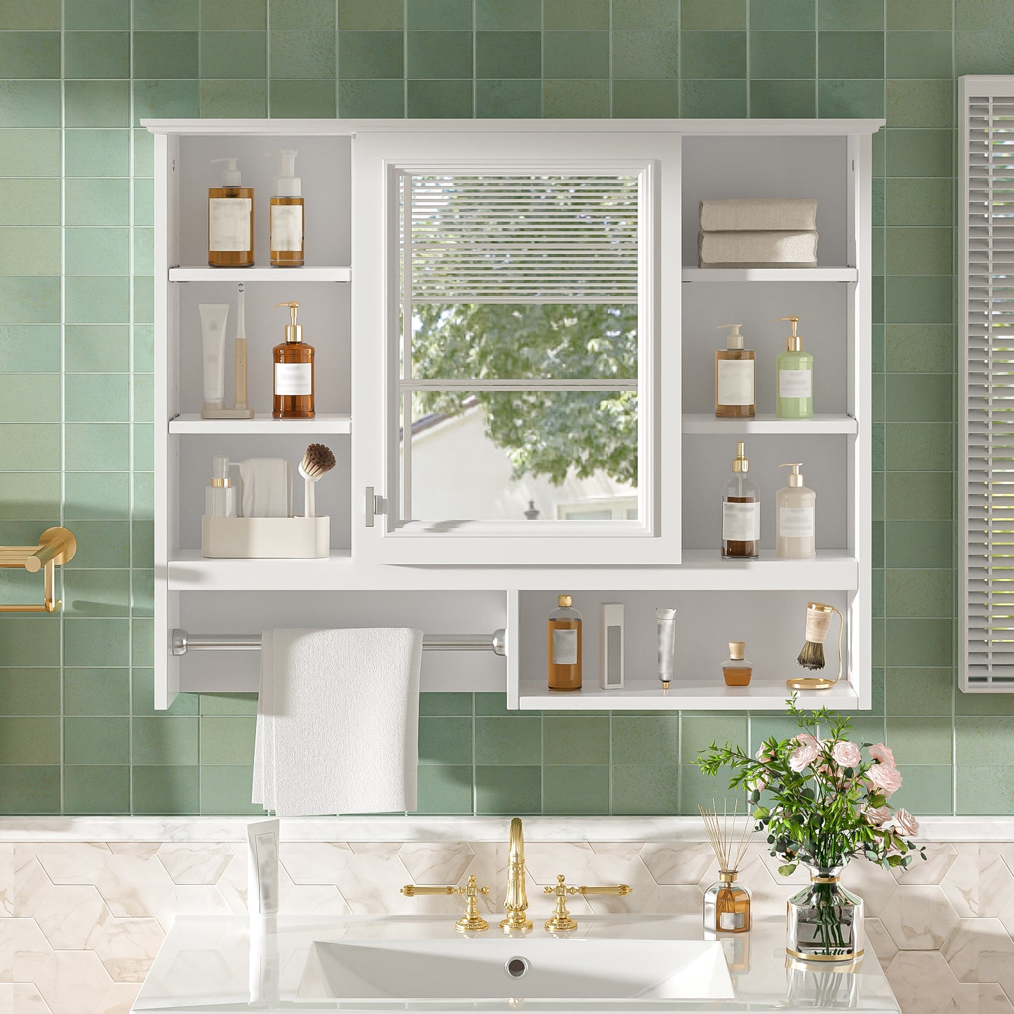 35 Inch Wall-Mount 2-in-1 Mirror Cabinet With Adjustable Shelves, Soft-Closing Hinges, Open Shelves, For Bathroom Vanity, Living Room, Bedroom Storage Organizer