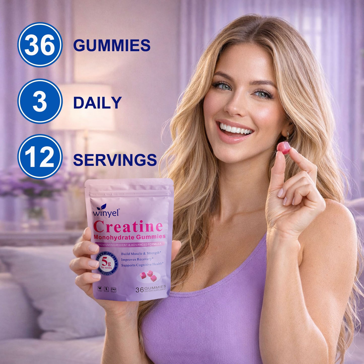 Creatine Monohydrate Gummies, 5 Grams Per Serving, Sugar-free Creatine Gummies, Suitable For Workouts, Strength, Cognitive Health, And Muscle Support, Gluten-free, Berry-enhanced, 36 Gummies.