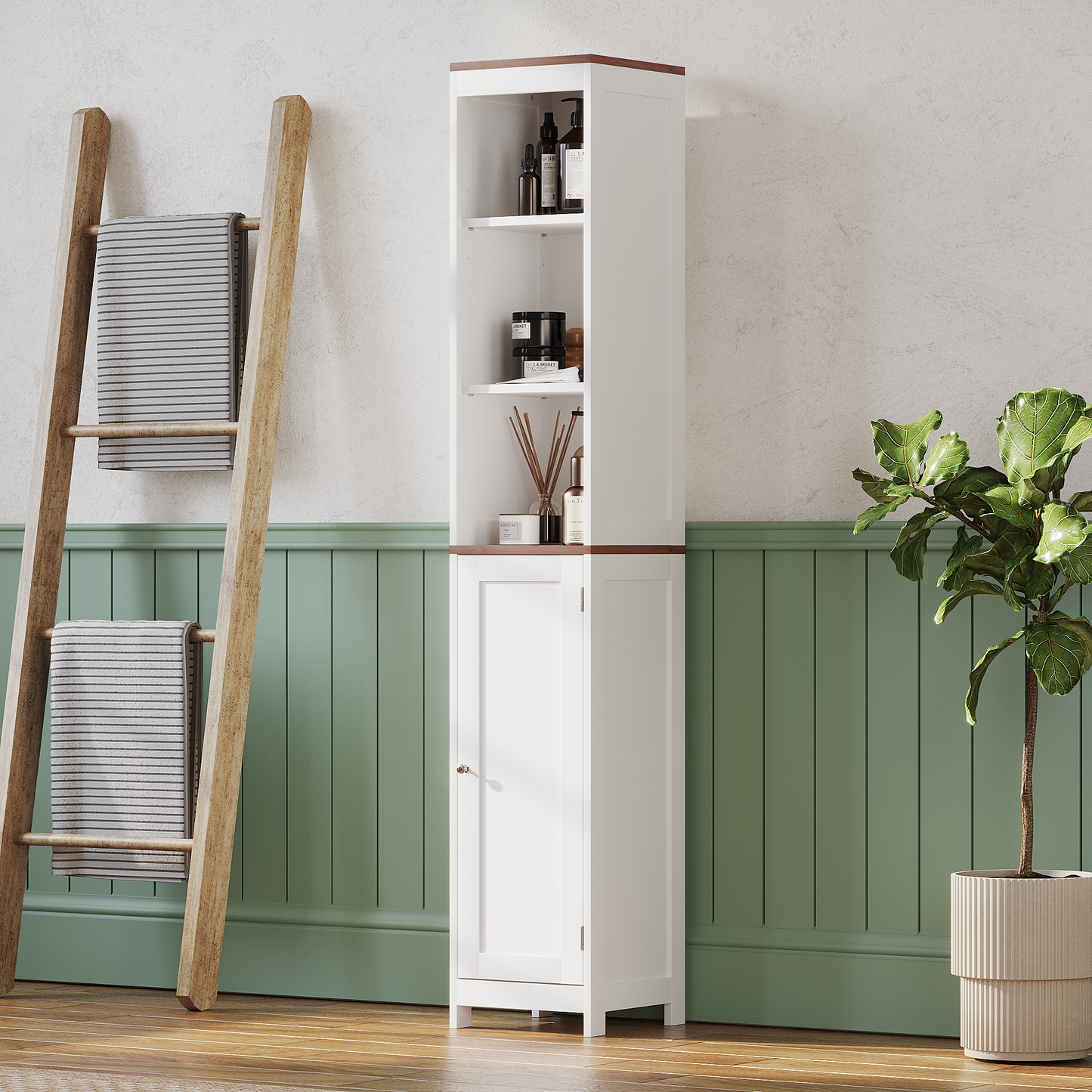 Tall Bathroom Storage Cabinet With Reversible Door, Freestanding Linen Tower With Open Shelves And Enclosed Cabinet, Narrow Floor Cabinet Organizer For Bathroom, Laundry Room Or Small Spaces White