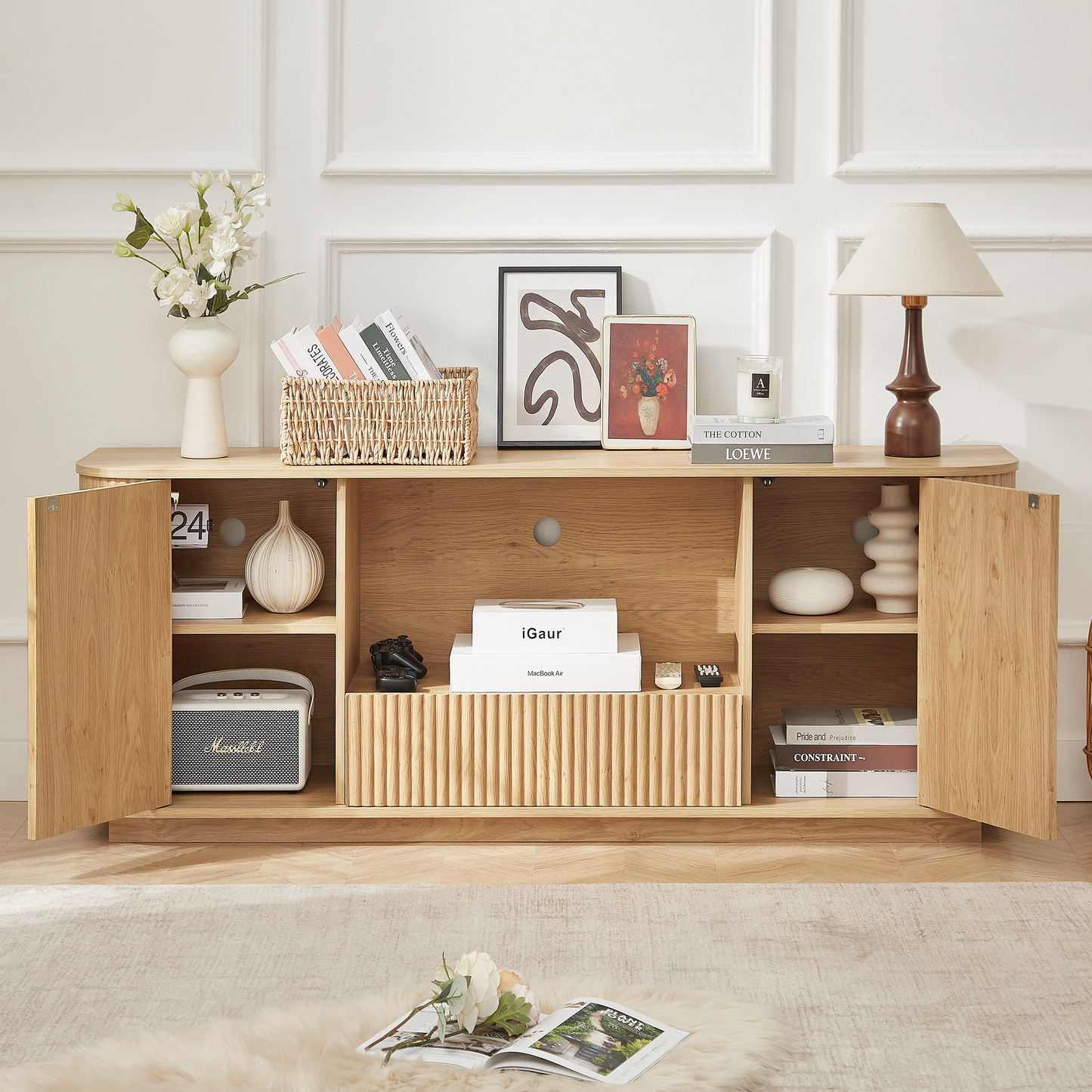 64-Inch Wavy TV Stand, Rounded Sideboard, Storage Cabinet, Wooden Vertical Stripe Cabinet For Living Room Bedroom Entryway. Natural,64''W X 15''D X 24''H.
