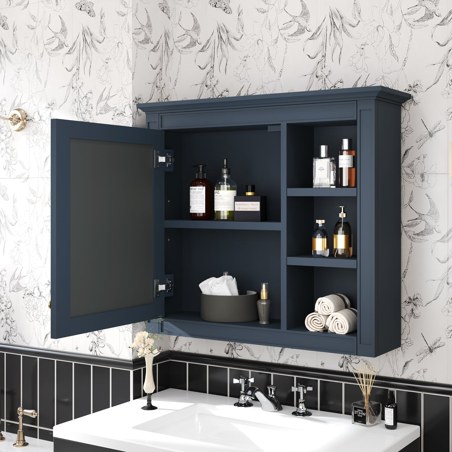 30   X 28   Medicine Cabinet, Wall Mounted Bathroom Storage Cabinet, Modern Bathroom Wall Cabinet With Mirror,Medicine Cabinet, Mirror Cabinet With 3 Open Shelves   Not Include Bathroom Vanity