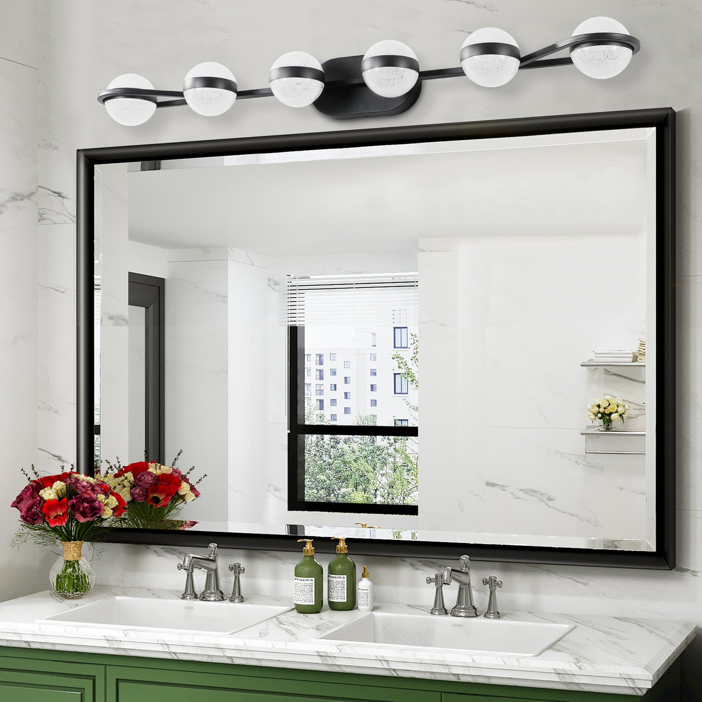 43in Black Minimalist LED Bathroom Vanity Light With Crystal Sand Acrylic Shades,6-Light Wall Mounted Decorative Lighting Fixture, Suitable For Bathroom Vanity Mirror