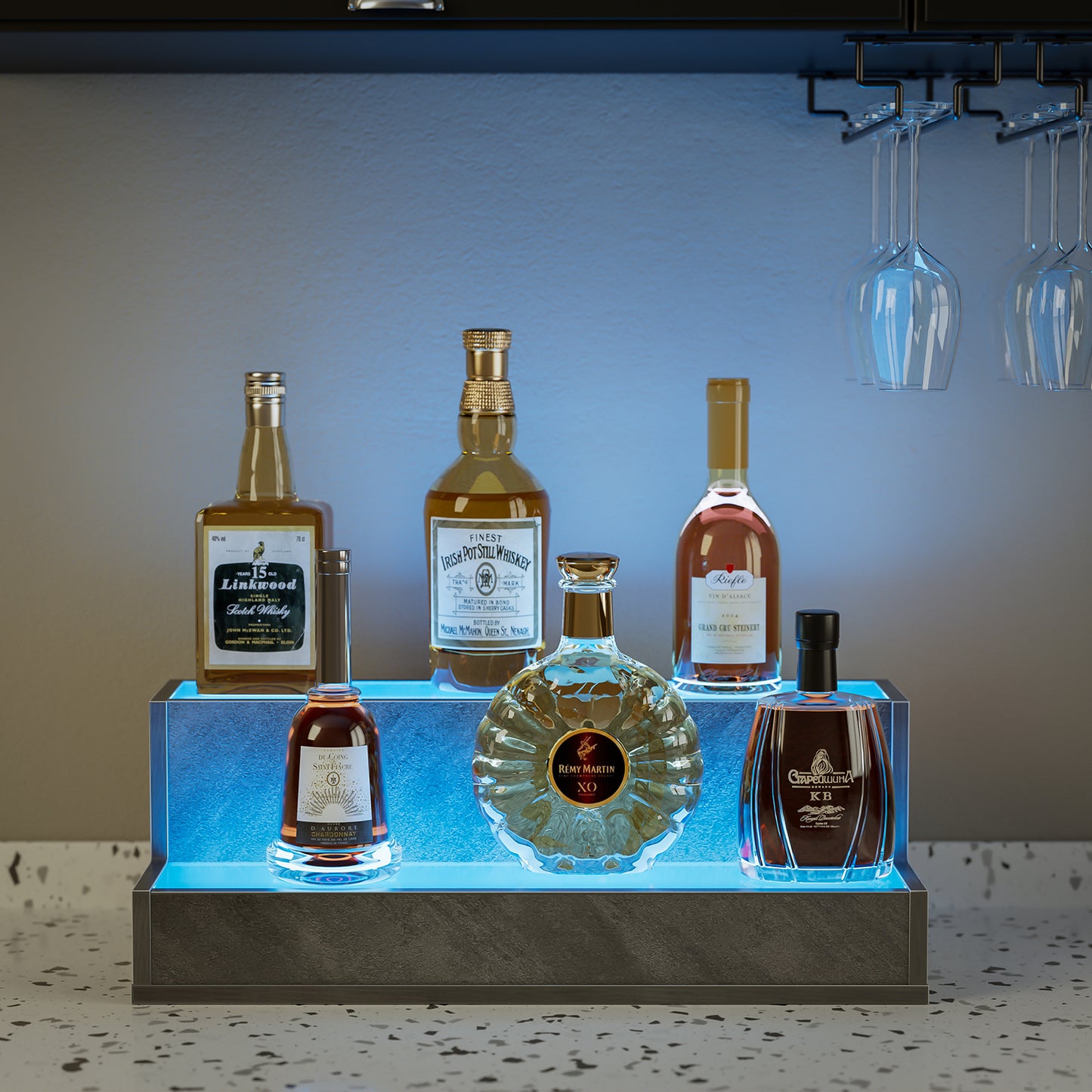 LED Lighted Liquor Bottle Display Shelf, 20 Inch Bar Display Shelf, DIY Illuminated Bottle Shelf With App & Remote Control, 2 Step Freestanding Holding Bottles For Home Bar, Party, Grey