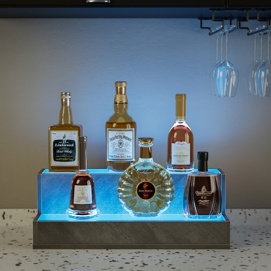 LED Lighted Liquor Bottle Display Shelf, 20 Inch Bar Display Shelf, DIY Illuminated Bottle Shelf With App & Remote Control, 2 Step Freestanding Holding Bottles For Home Bar, Party, Grey