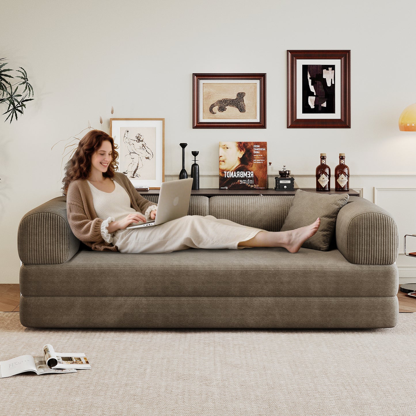 78.8 Compression Sofa,Convertible Floor Sofa Bed-with Pillow Back Support Armrest,Comfy Futon Couch Sleeper Bed,Loveseats Boneless Modular Sectional Sofa,Corduroy Fabric,for Living Room,Bedroom,Camel