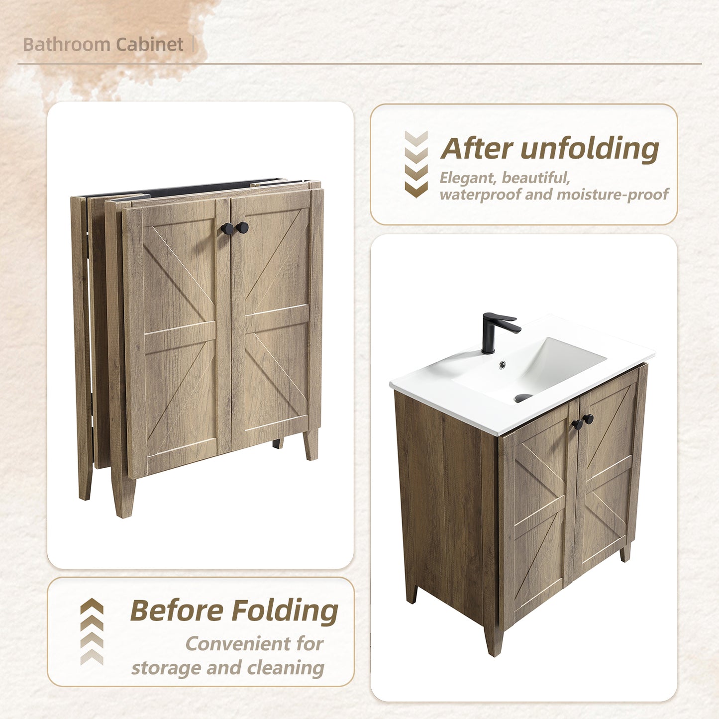 30inch Antique Grey Folding Floor Cabinet With Ceramic Sink  Patented 1-Minute Install  Space-Saving & Easy Assemble American Style