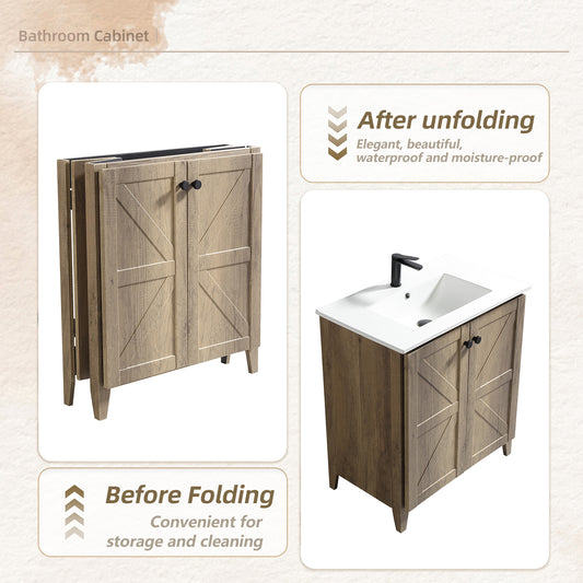 30inch Antique Grey Folding Floor Cabinet With Ceramic Sink  Patented 1-Minute Install  Space-Saving & Easy Assemble American Style