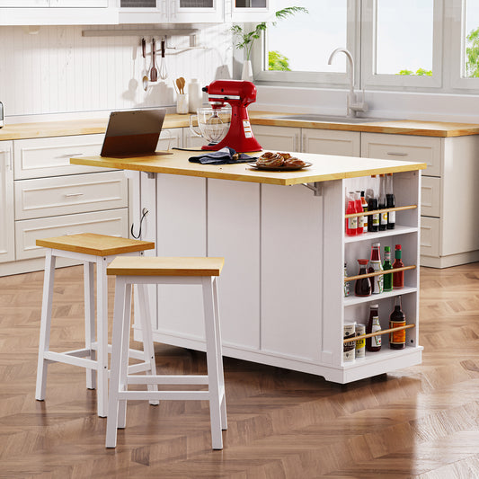 K&K 53inch Large Kitchen Island With Drop Leaf,Power Outlet,Door Internal Storage Rack,Rolling Kitchen Cart On 5 Wheels With 5 Open Side Racks For Kitchen,White  Two Packages  Stools Not Included
