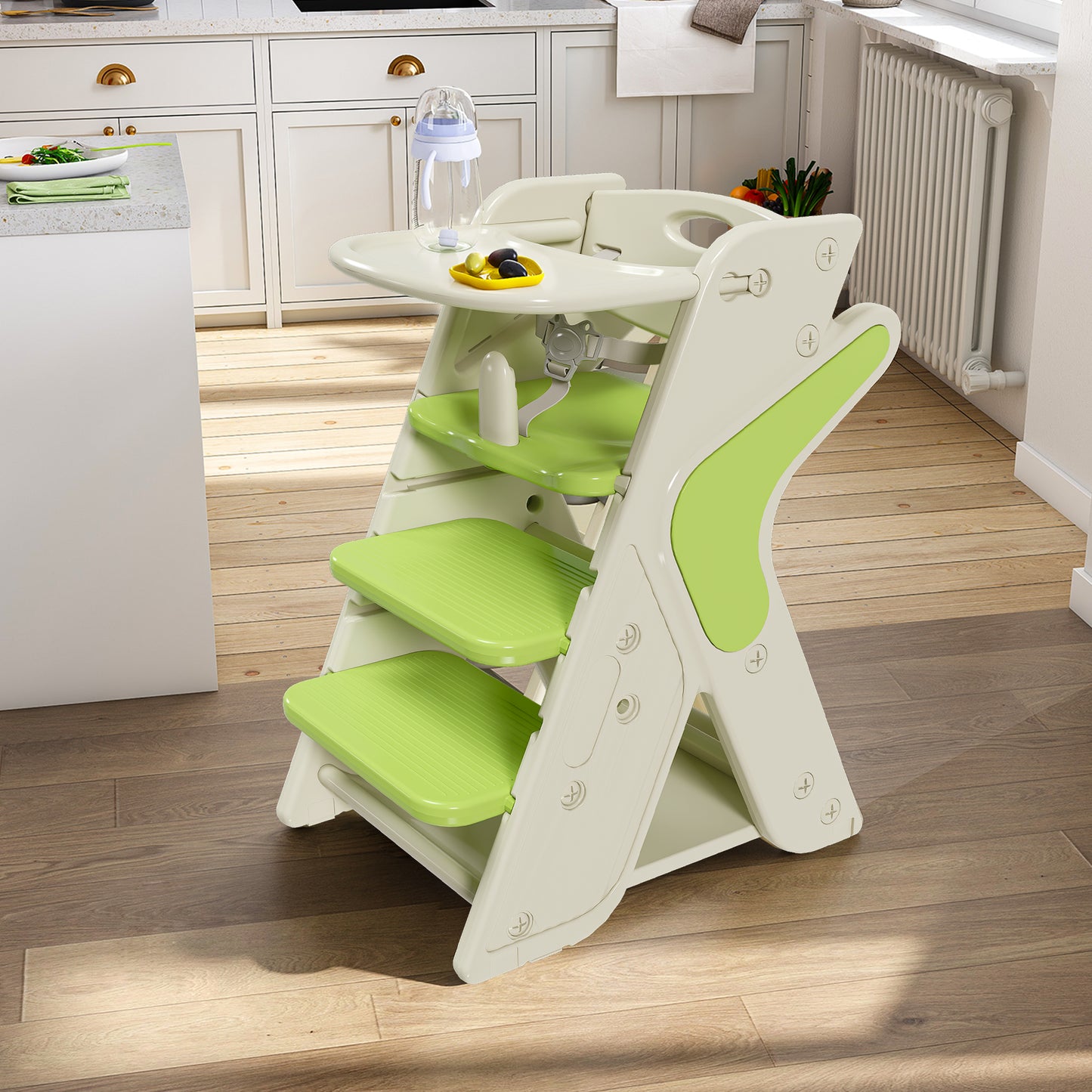 Multi Functional Growing Up Dining Chair,A High Chair Suitable For Eating And Feeding,Adjustable Height Toddler Tower,Use Five-point Seat Belts And A Movable Large Dinner Plate Green