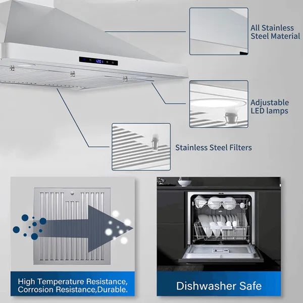 30/36 Inch Range Hood 700CFM Wall Mount Stainless Steel Touch Control 3-speed Stove Vent