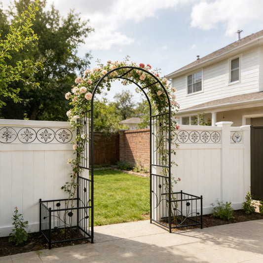 Metal Garden Arch With Two Plant Stands 79.5  Wide X 86.6  High Climbing Plants Support Rose Arch Outdoor Black