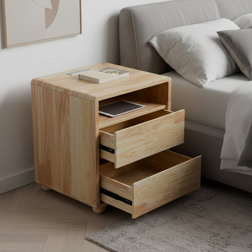 20 Modern Nightstand With 2 Drawers And Shelves Solid Wood Night Stand With Charger Station Mid Century Bedside Table Curved Wood Side Table For Bedroom Living Room