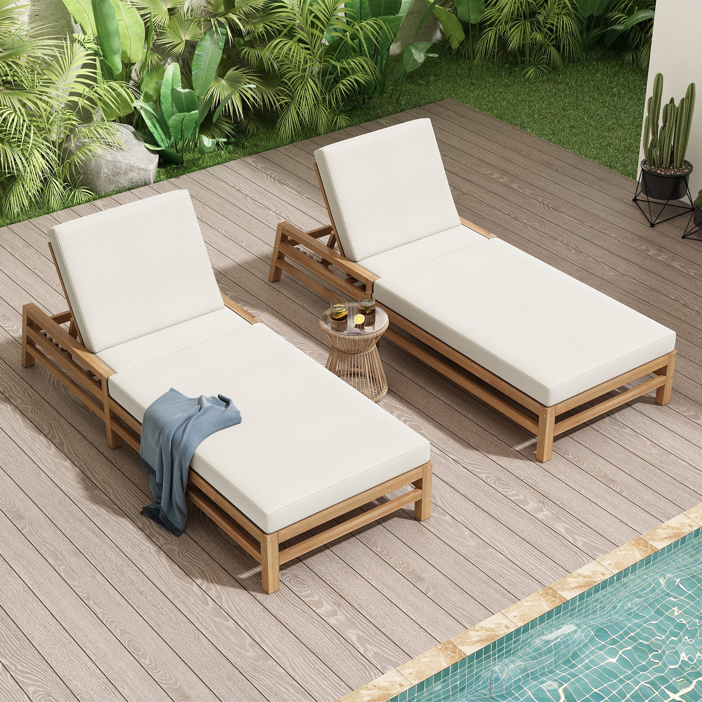 TREXM 5-Position Adjustable Outdoor Chaise Lounge Set Of 2  Solid Wood Patio Recliner Chair With Thick Cushions  Weather-Resistant For Pool  Balcony & Garden  Light Teak