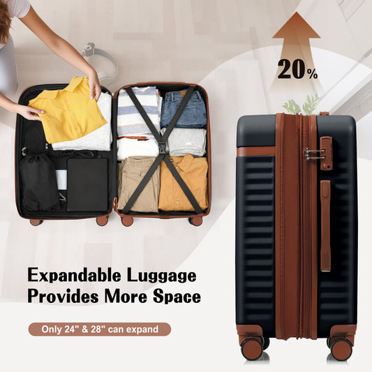 Luggage Set Of 3, 20inch With USB Port, Front Opening Design Airline Certified Carry On Luggage, ABS Hard Shell Luggage With Spinner Wheels,Black