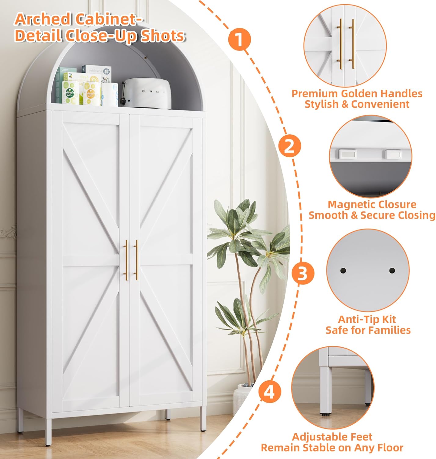 Tall Kitchen Pantry Cabinet, Arched Storage Cabinet With Doors And Adjustable Shelves, White Freestanding Cupboard For Laundry, Dining Room, Living Room, Bathroom