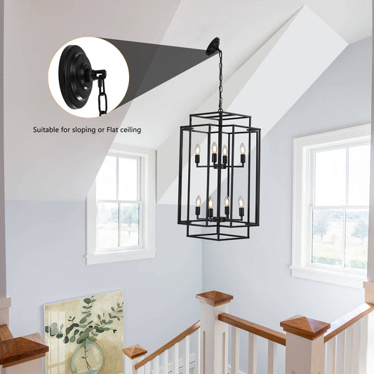 18in Modern 8-Light Black Geometric Pendant Chandelier, Industrial Metal Frame, Adjustable Hanging Light For Living Room, Dining Room, Kitchen,No Bulbs,