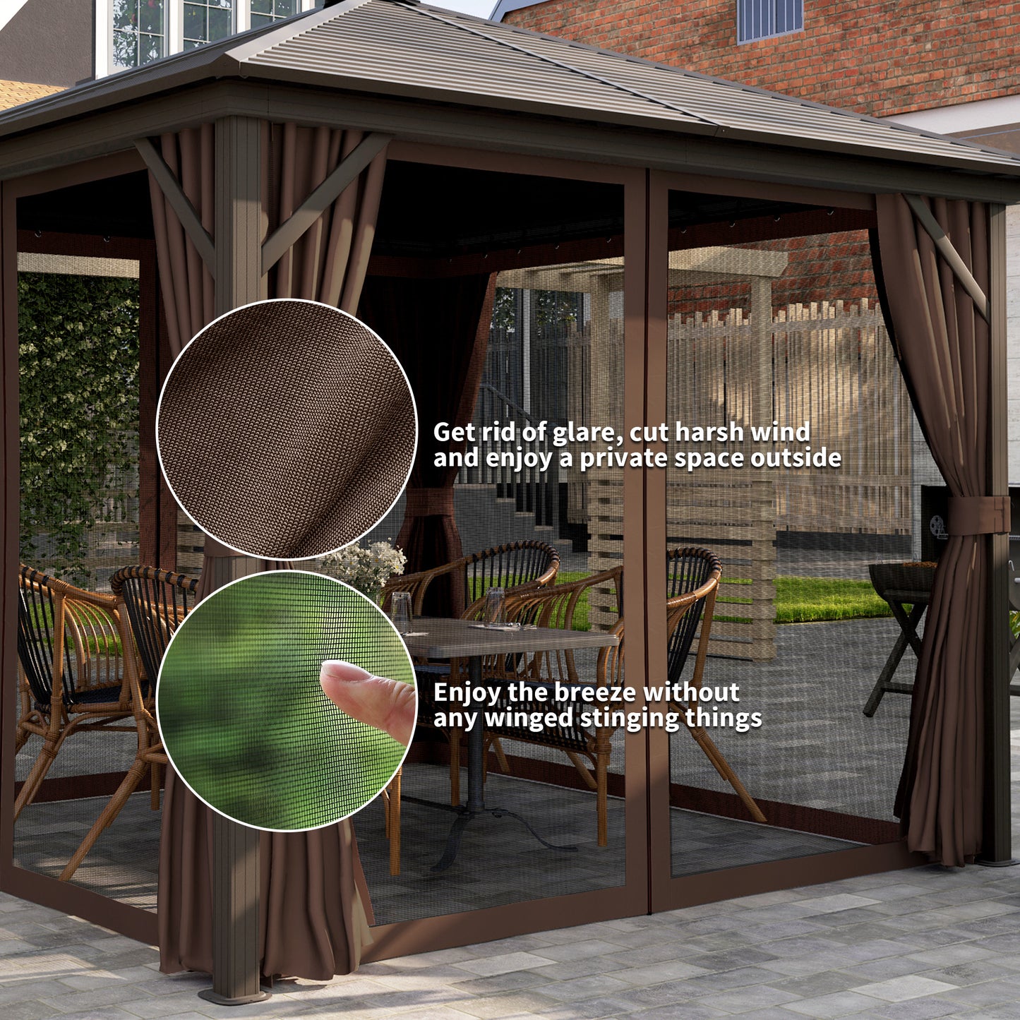 10 X 10 Hardtop Gazebo Canopy, Permanent Pavilion With Hook, Curtains, Aluminum Frame For Patio, Garden, Dark Brown